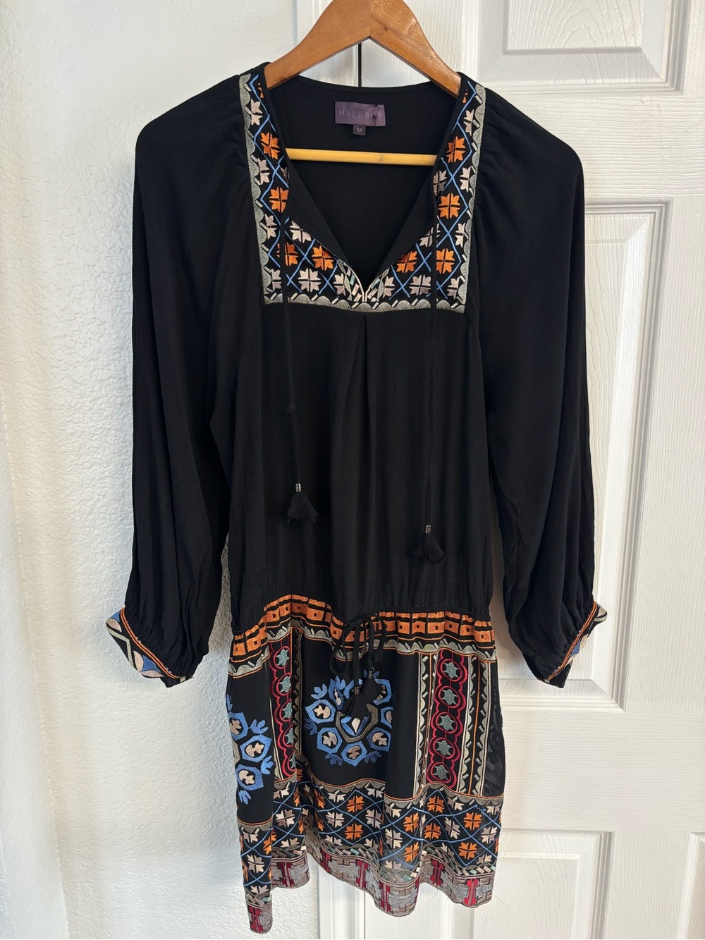 Hale Bob Women's Embroidered Tassel Boho Knee Length Dress Size M